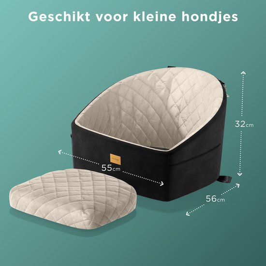 Siège auto pour chien CozySense® - Panier auto pour petit chien - Siège avant et arrière - Avec sangle de sécurité, compartiment de rangement et housse lavable - Noir/Beige