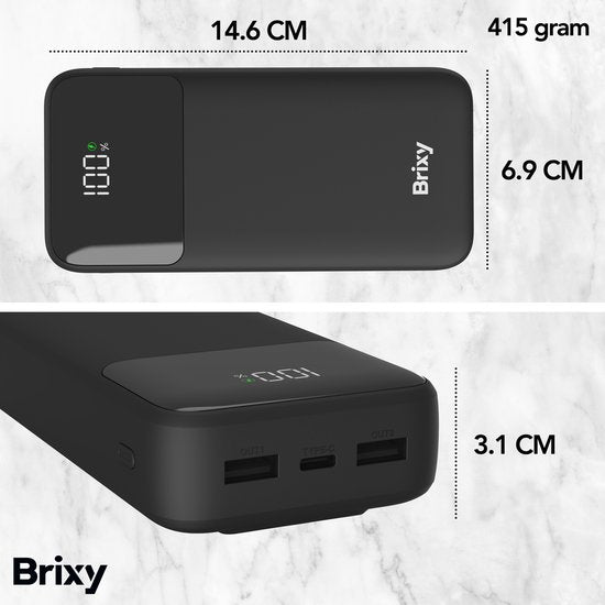 Brixy Powerbank - 20 000 mAh - Chargement rapide 22,5 W - Affichage LED - USB-A/USB-C - Pour iPhone et Samsung, entre autres - Noir