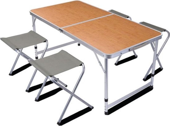 Table de camping - Redcliffs - avec 4 chaises - Relax Living - 120 x 60 x 40cm - Gris/Bois
