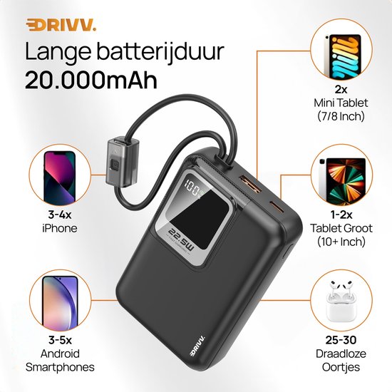 Drivv. Batterie externe 20 000 mAh - Avec câble 8 broches et USB-C intégré - Câble de recharge 60 W inclus - Fonction de recharge rapide 22,5 W - USB / USB-C - Kit d'urgence