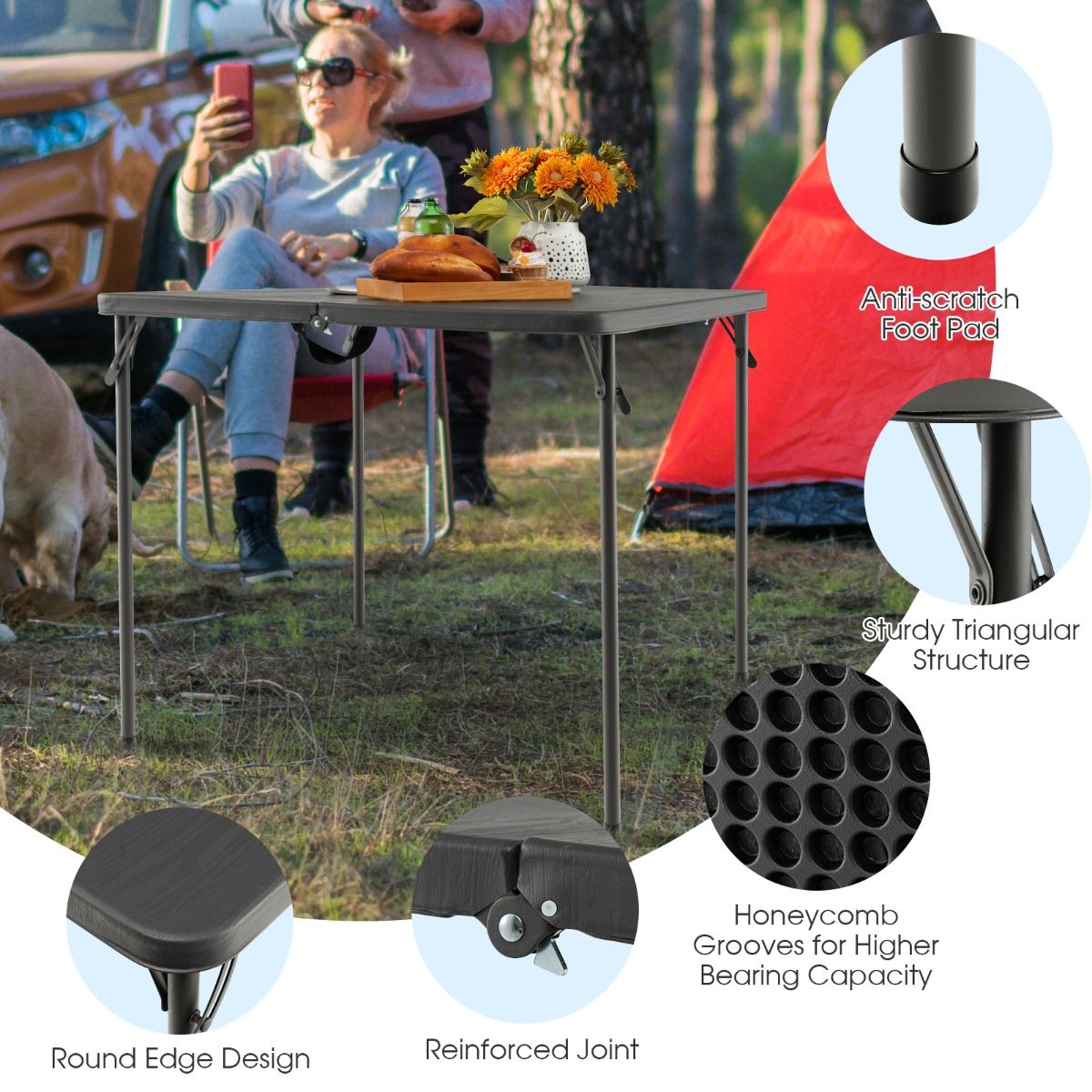 Table de camping pliable Coast - Portable avec poignée - Légère - Grise 86 x 86 x 73 cm