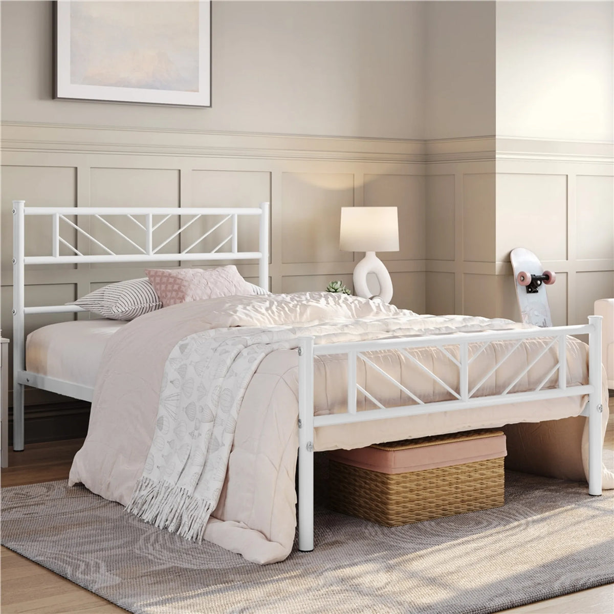 Cadre de lit en métal Yaheetech 90 x 190 cm - 196,5 x 96 x 88,5 cm - Blanc - Hauteur : 32 cm - Avec tête de lit