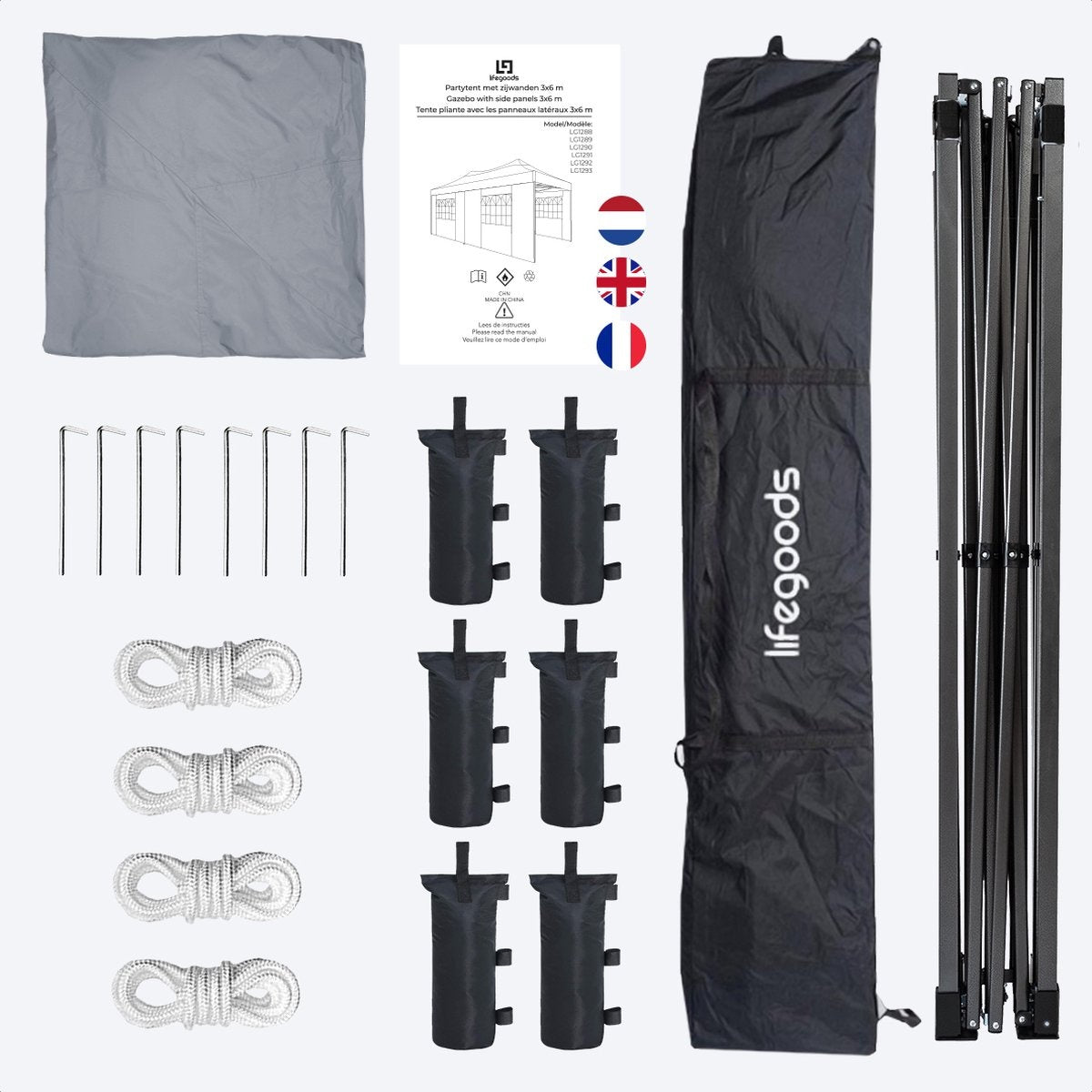 Tente de réception - LifeGoods - Étanche - Sac de transport à roulettes - 3x6 m - Gris foncé