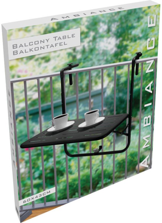 Pro Garden Table de balcon - métal - noir mat - 60 x 43 cm - pliable - réglable en hauteur