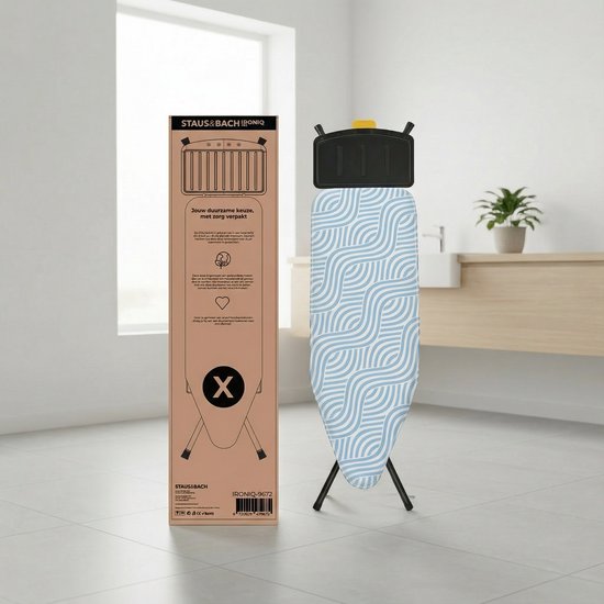 STAUS&BACH Planche à repasser X - pour générateur de vapeur - 122 x 43,5 cm - Avec planche à repasser les manches et support pliable - Réglable en hauteur de 76 à 96 cm - Avec support pour générateur de vapeur et fer à repasser à vapeur - Bleu - Ironiq Pr
