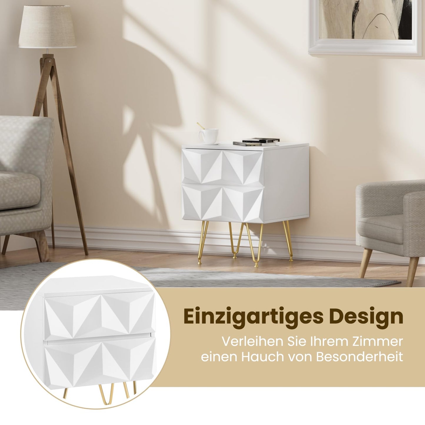 Table de chevet EUGAD à 2 tiroirs - façade 3D - blanc et or - MDF et pieds en métal - 40 x 53 x 40 cm
