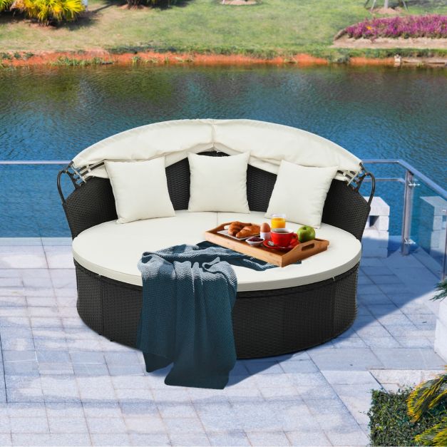 Chaise longue ronde Costway - avec coussins et auvent rétractable - 187 x 180 x 157 cm - Noir/Orange Blanc