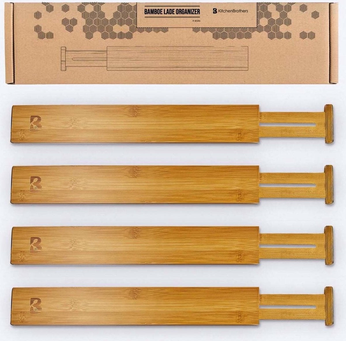 KitchenBrothers Séparateur de tiroirs - Organisateur de tiroirs - coulissant - réglable - 4 pièces - Bambou