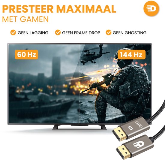 Drivv. Câble Displayport - 8K 60Hz - 4K 144 Hz - 32.4GBps - Displayport 1.4 - Câble DP - 1 mètre - Gris moderne