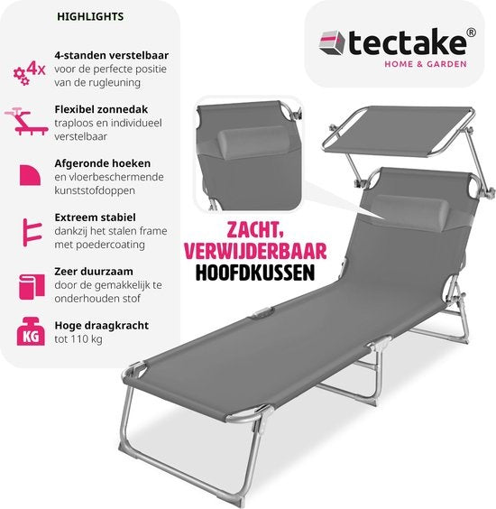 tectake® - chaise longue, robuste, réglable, base en acier avec parasol, dossier à 4 positions avec coussin, chaise de plage Idéal pour le jardin, la piscine, le camping - gris