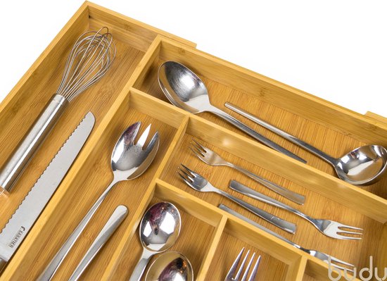 Budu Range-couverts extensible en bambou #50 (50 cm de profondeur) - Cassette à couverts en bois - Tiroir à couverts - 50 x 34.1 - 56 cm - 6/8 compartiments