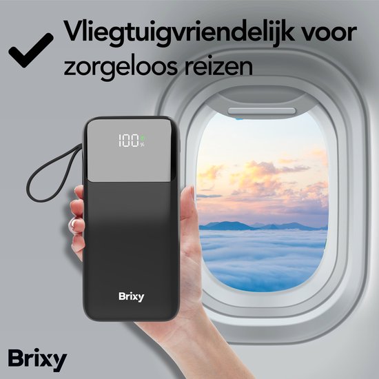 Brixy Powerbank - 20 000 mAh - Chargement rapide 22,5 W - Affichage LED - USB-A/USB-C - Pour iPhone et Samsung, entre autres - Noir