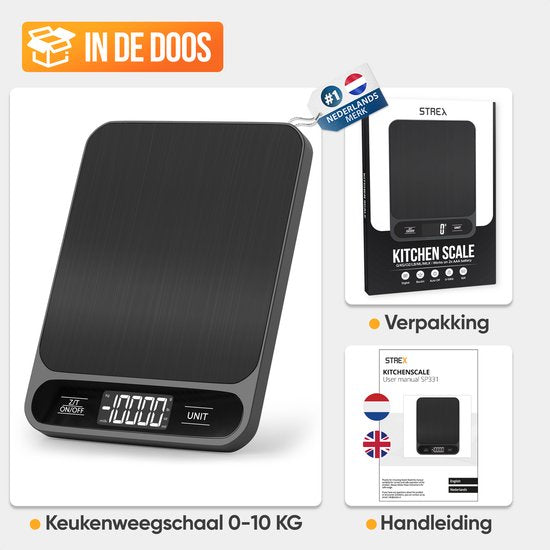 Strex Kitchen Scales Digital - Balance de cuisine - 1 g à 10 kg - Fonction tare - Piles incluses - Noir