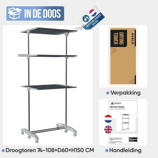 Avalo Clothes Rack - Tour de séchage à roulettes - 4 niveaux - pliable - blanc