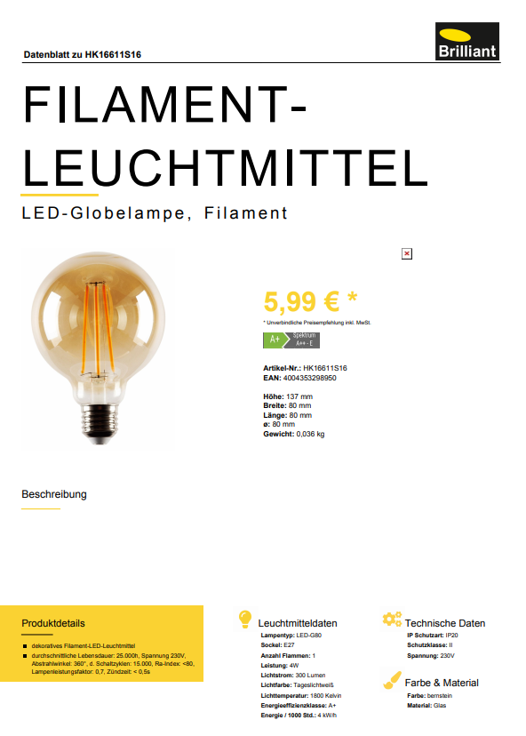 Brillant Lampe LED Ø 80 mm A+ Filament 4W/E27 300lm 1800K MAX