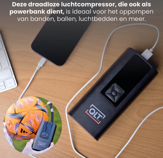 QLT Compresseur d'air sans fil Pro et Powerbank en un - 4 accessoires et câble de chargement USB inclus - 10.3 Bar - avec éclairage LED - Noir