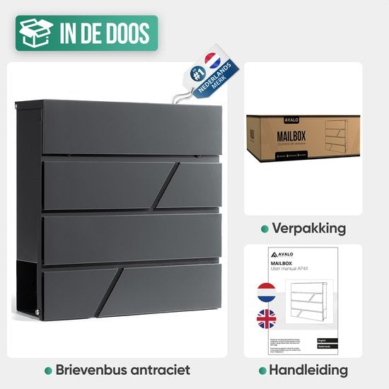 Boîte aux lettres Avalo en acier inoxydable Anthracite avec compartiment à journaux et serrure - Matériel de montage et 2 clés inclus