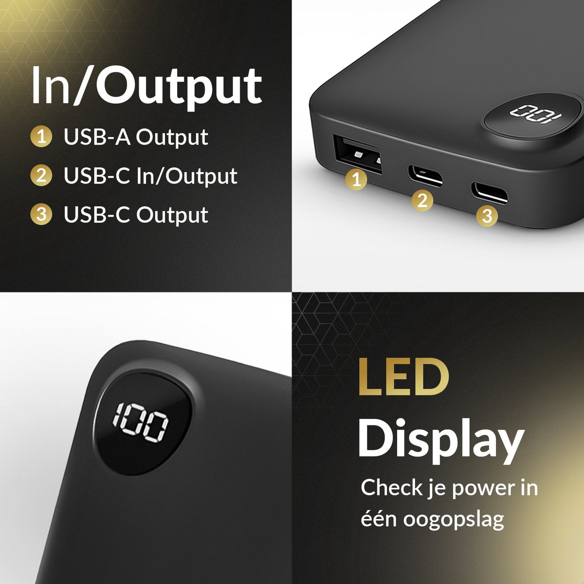 Surge Powerbank 20 000mAh - Chargeur rapide 22,5W - 2x USB-C & 1x USB-A - Affichage LED - Noir - 14,5 x 6,8 x 2,9 cm