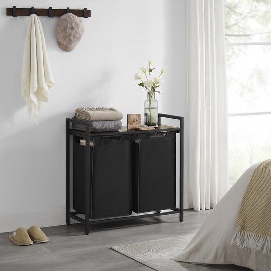 O'DADDY® Panier à linge 2 compartiments - trieur de linge extensible avec étagère - 73 x 33 x 72 cm - métal - noir avec marron