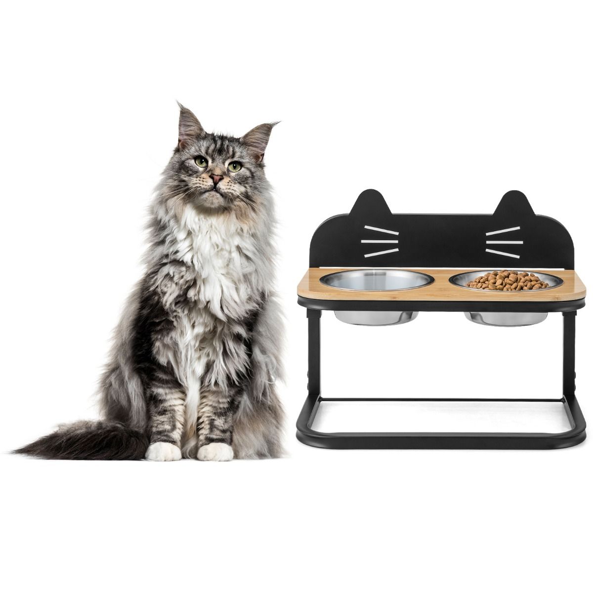 Station d'alimentation surélevée Coast pour chats et chiens - 43 x 22 x 33-38.5 cm - Noir et naturel - Hauteur réglable avec 2 bols en acier inoxydable