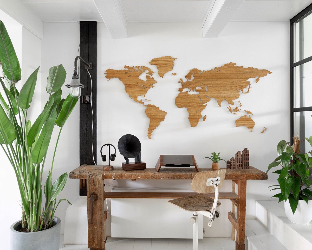 Carte du monde en bois Wooden Amsterdam, Décoration murale, Chêne, Marron