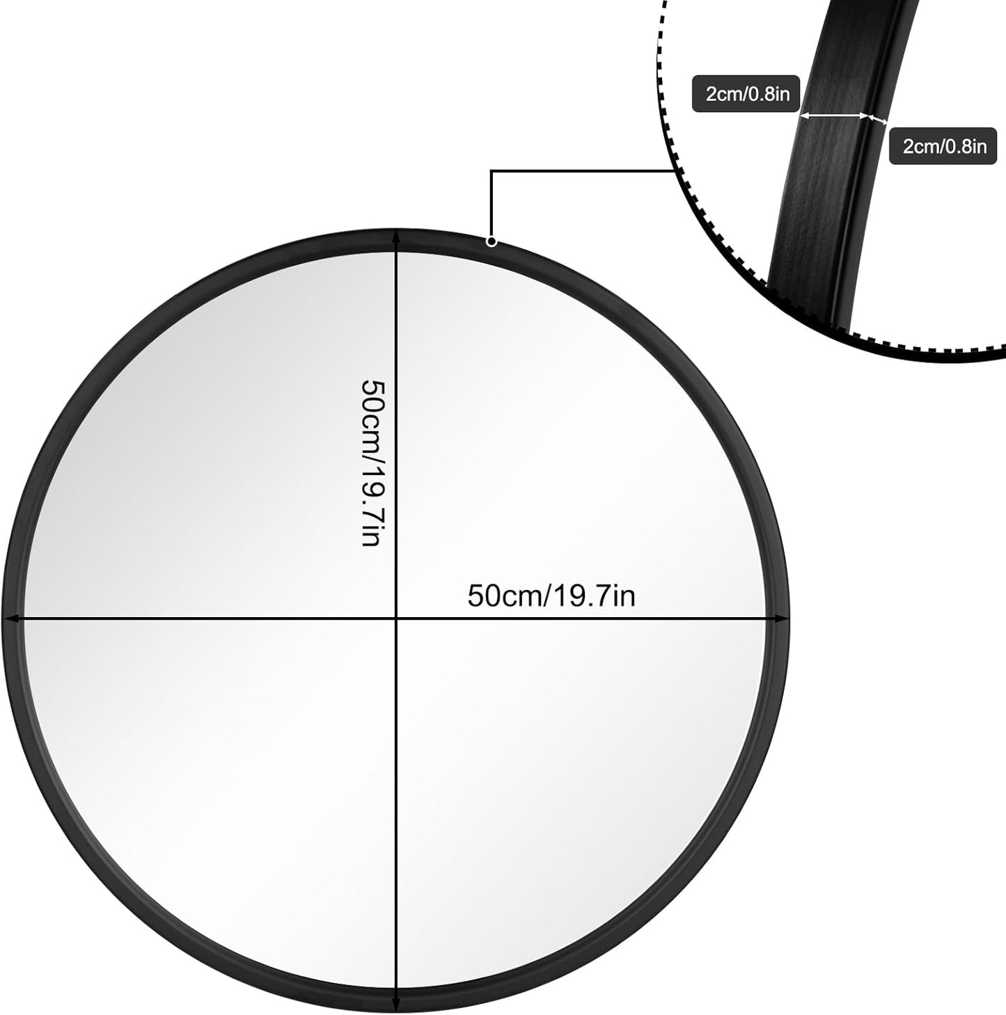 Woltu Miroir mural rond Ø 50 cm - Cadre en métal noir - Miroir décoratif moderne pour la salle de bain, la chambre, le couloir et le salon