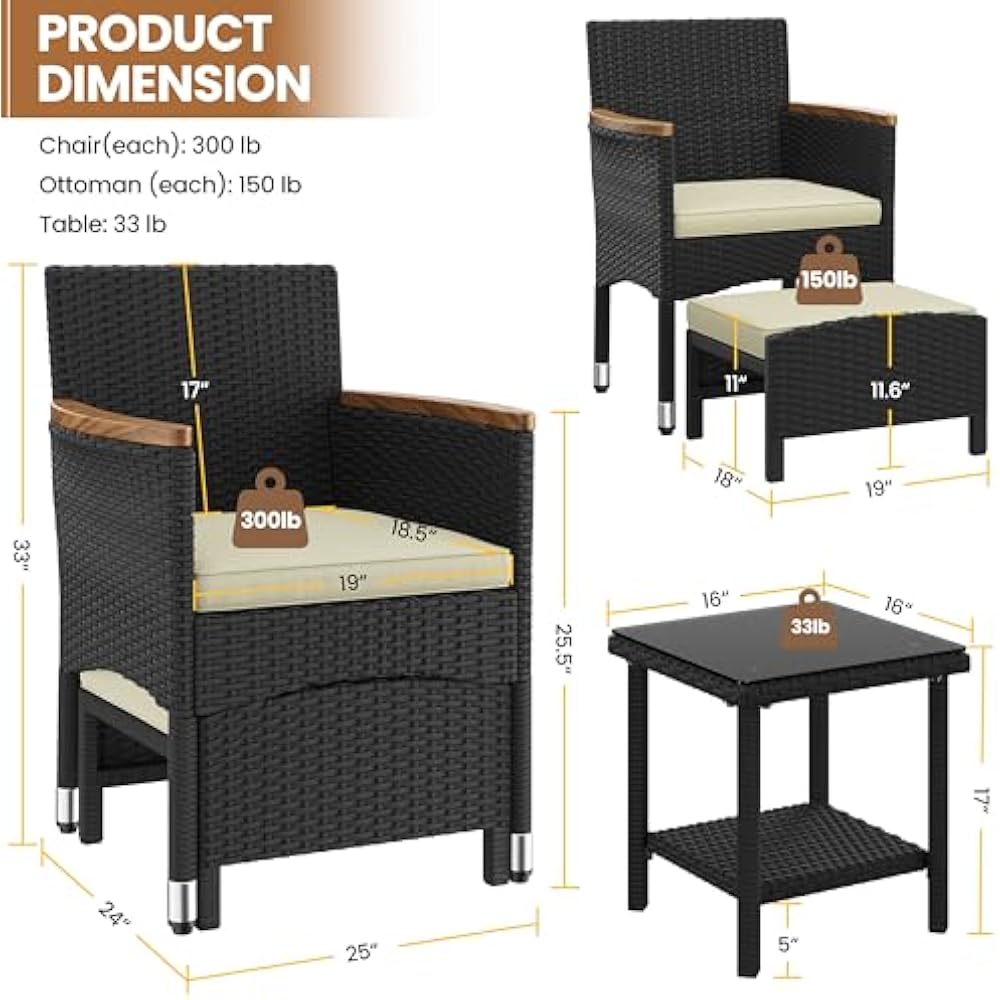 Yaheetech 5-Piece Lounge Set Black/Beige - PE Rattan - Chaise 62 x 61.5 x 84.5 cm - Avec table et poufs