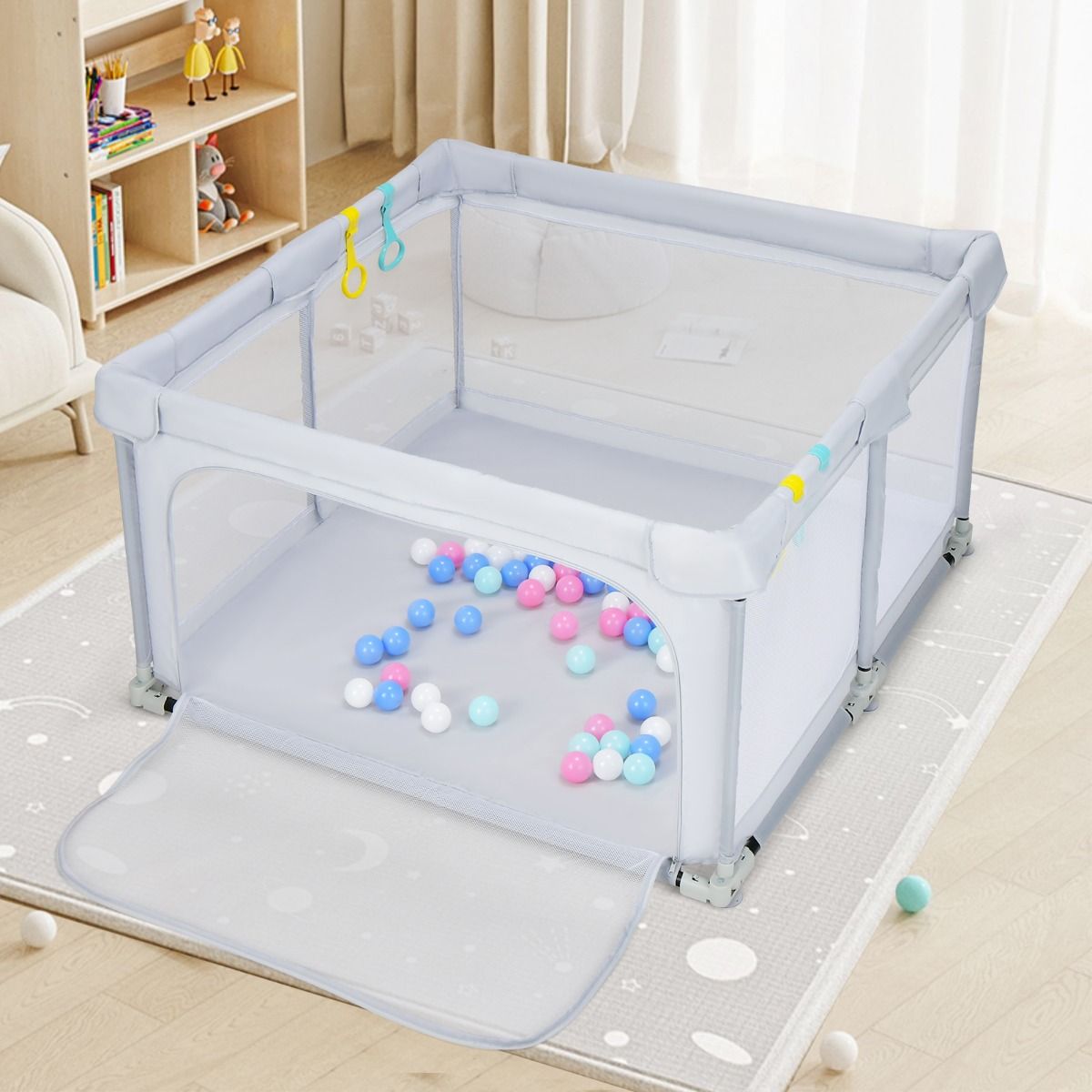Coast Baby Box pliable 124x124x70 cm Gris avec 50 boules Ocean et 4 poignées - Tissu Oxford, maille respirante