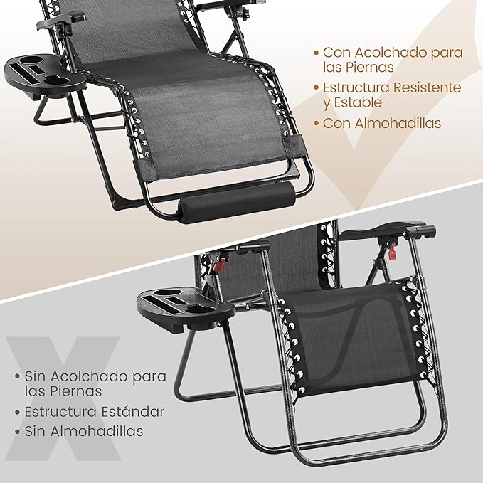 Chaise longue pliable Yaheetech Zero Gravity - Noire - Chaise de détente avec coussin, repose-pieds et porte-gobelet, jusqu'à 200 kg