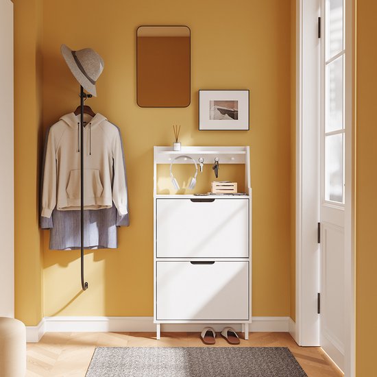 Armoire à chaussures SoBuy, extra-plate 19 cm - rangement jusqu'à la pointure 47 - avec crochets et étagère ouverte, pour petits logements, couloir, entrée - blanche, 60 x 19 x 119 cm, FSR221-W
