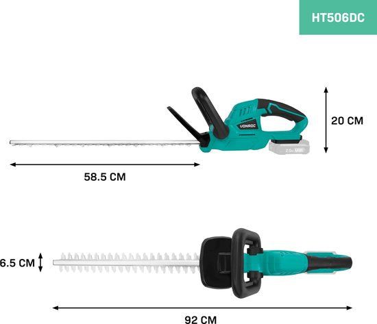 VONROC Accu taille-haie 20V - Longueur du sabre 520mm - Largeur de coupe 14mm - Batterie et chargeur rapide non compris
