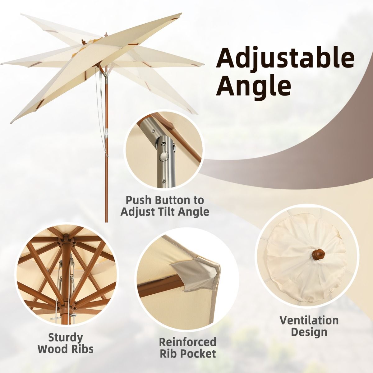 Parasol Coast avec 8 poteaux inclinables - Beige - 300 cm