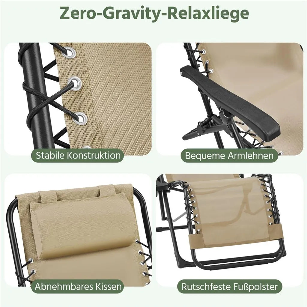 Yaheetech Lot de 2 chaises longues avec table d'appoint - Beige - Chaises longues de jardin pliables « Zero Gravity » avec oreiller et porte-gobelets