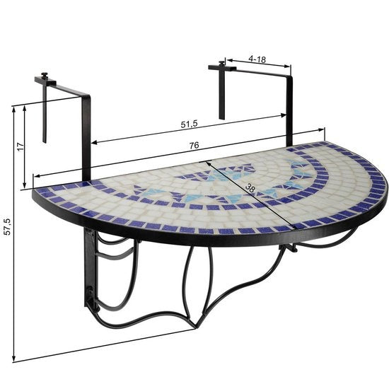 Table de balcon mosaïque pliante - env. 76 x 65 x 57,5 cm - Tectake - 402766 - blanc/bleu
