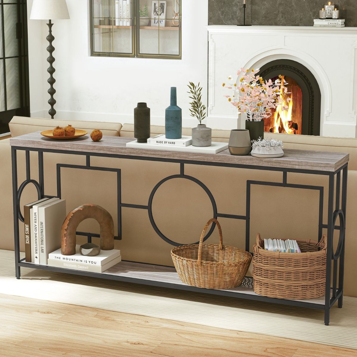 Table console Coast 180x30x80 cm Rustic Brown/Black - 2 niveaux, étroite, structure métallique solide