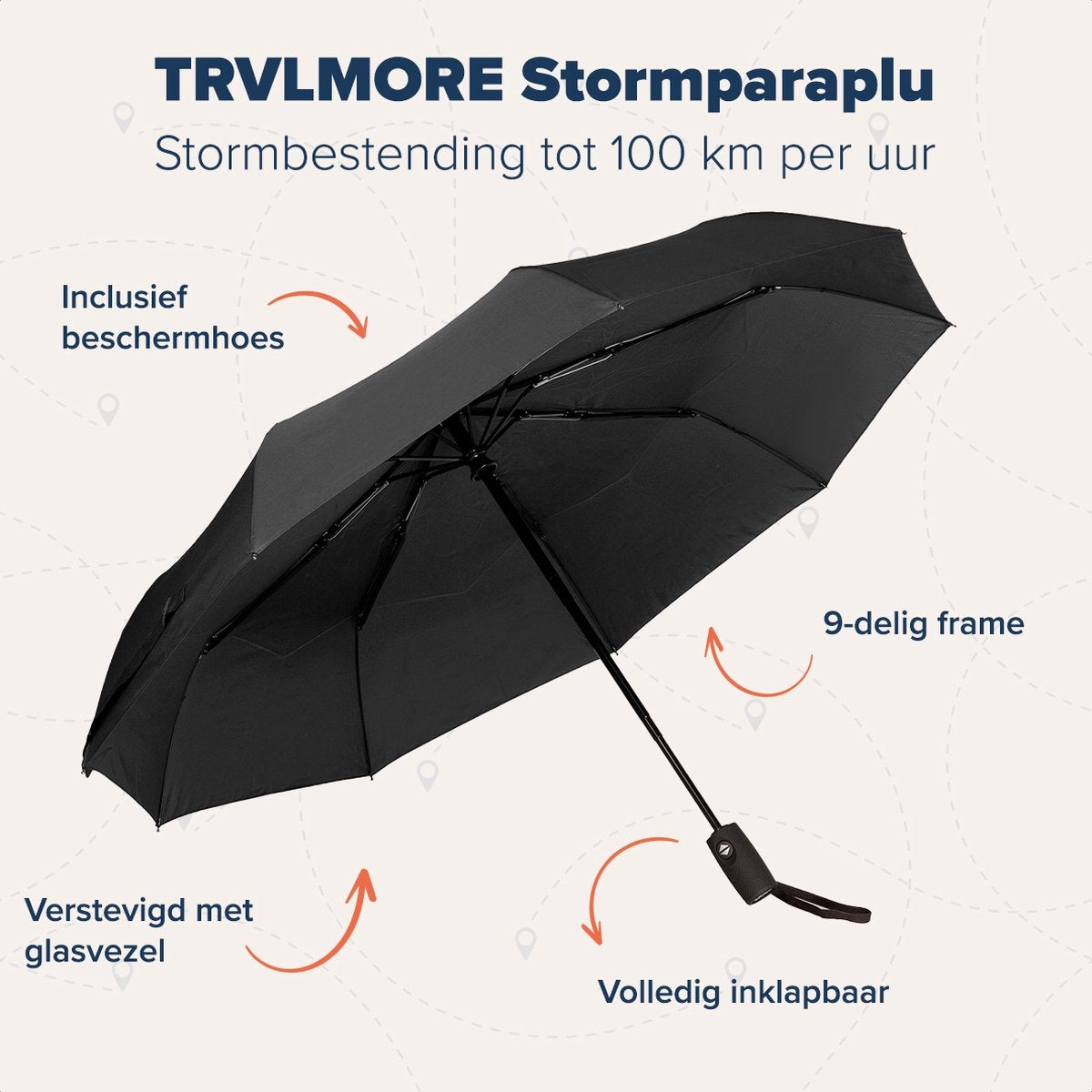 TRVLMORE Parapluie automatique Storm - jusqu'à 100km p/h - Ø 107 cm - Noir