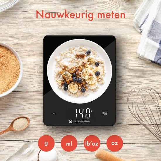 KitchenBrothers Kitchen scale - Balance de cuisine - Numérique - 1g à 10kg - Piles incluses - Verre/Noir