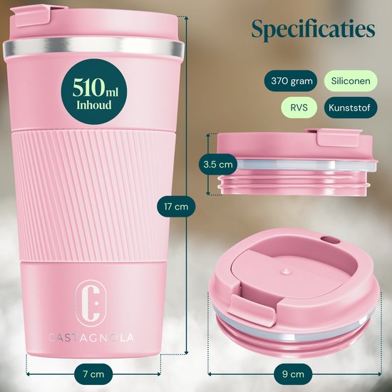 Mug isotherme Castagnola - Mug à café à emporter - Mug de voyage pour café et thé - Mug à thé - 510 ml - Acier inoxydable - Rose