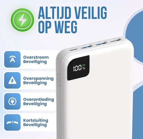 Strex Powerbank White - 27 000 mAh - Chargeur rapide 22,5 W - USB-A/USB-C - Indication LED - Powerbank universel adapté à iOS/Android, entre autres