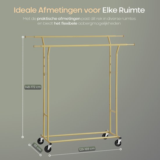O'DADDY® Clothes Rack on Wheels - Portemanteau - Barre à vêtements - Réglable et extensible - Roulettes industrielles - Métal - Stable jusqu'à 110 kg - Or