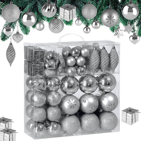 Boules de Noël Deuba - Lot de 103 boules en plastique mat brillant - argenté