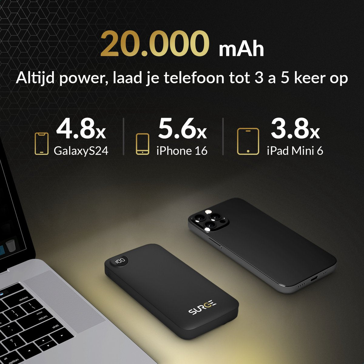 Surge Powerbank 20 000mAh - Chargeur rapide 22,5W - 2x USB-C & 1x USB-A - Affichage LED - Noir - 14,5 x 6,8 x 2,9 cm