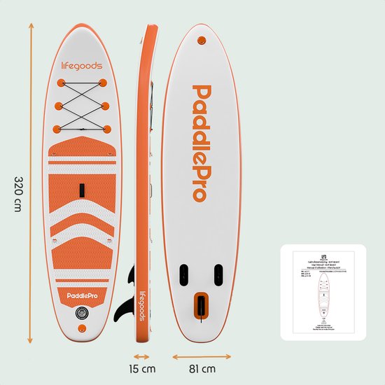 LifeGoods PaddlePro SUP Board - avec siège - Planche à pagaie gonflable - Ensemble complet - Max. 135KG - 320x81cm - Blanc/Orange
