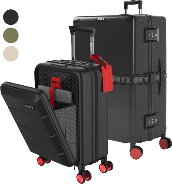 ONYX 2-Piece Suitcase Set - Bagage à main avec poche frontale et valise d'enregistrement - 35L/100 L - Serrure TSA - Trolley léger - Fermeture en aluminium - Noir