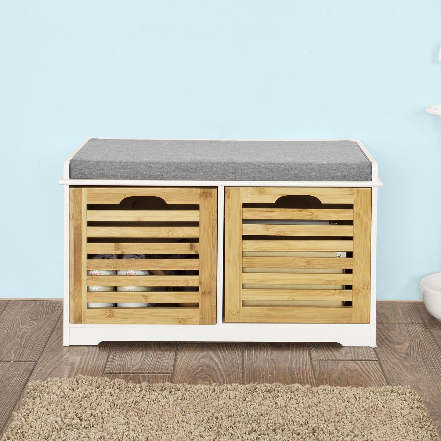 Banc à chaussures en bambou avec coussin gris - 46x69 cm