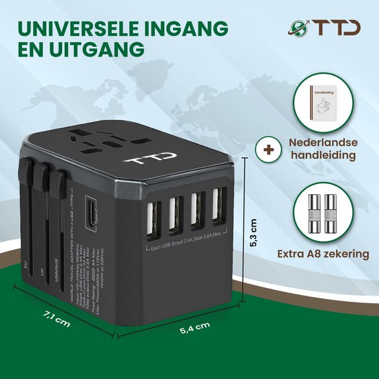 TTD® World Universal Plug - Prise de voyage de type A B C E F G I avec USB-C et charge rapide 4x USB-A - Convient pour l'Amérique, l'Australie, l'Angleterre et le Japon, entre autres - Adaptateur de voyage - Travel Adapter