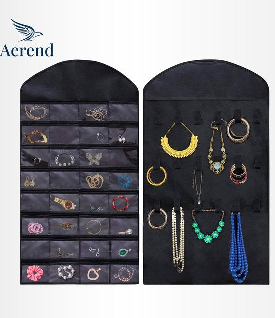 Aerend - Organiseur de bijoux - Porte-bijoux double face suspendu et transparent - Accessoires de rangement - Sac de rangement au-dessus de la porte en noir - Pour colliers, boucles d'oreilles, lunettes de soleil, bagues, Maquillage