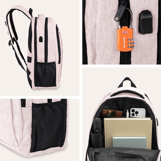TRVLMORE Sac à dos - 28L - 15.6 Inch - Sac à dos pour ordinateur portable avec USB - Antivol - Homme et Femme - Sac Rose