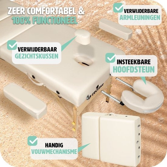tectake® - Table de massage avec matelas de 10 cm + sac de transport table de traitement table de massage - beige - banc de traitement - avec sac de rangement - pliable