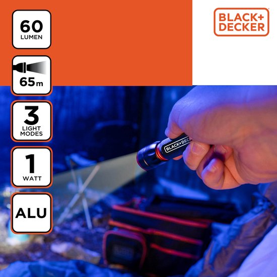 BLACK+DECKER Lampe de poche LED 60 Lumen - 1W - Pile AA (Excl.) - Portée 65M - 3 modes d'éclairage : Haut, Bas, Pulsé - Noir/Orange